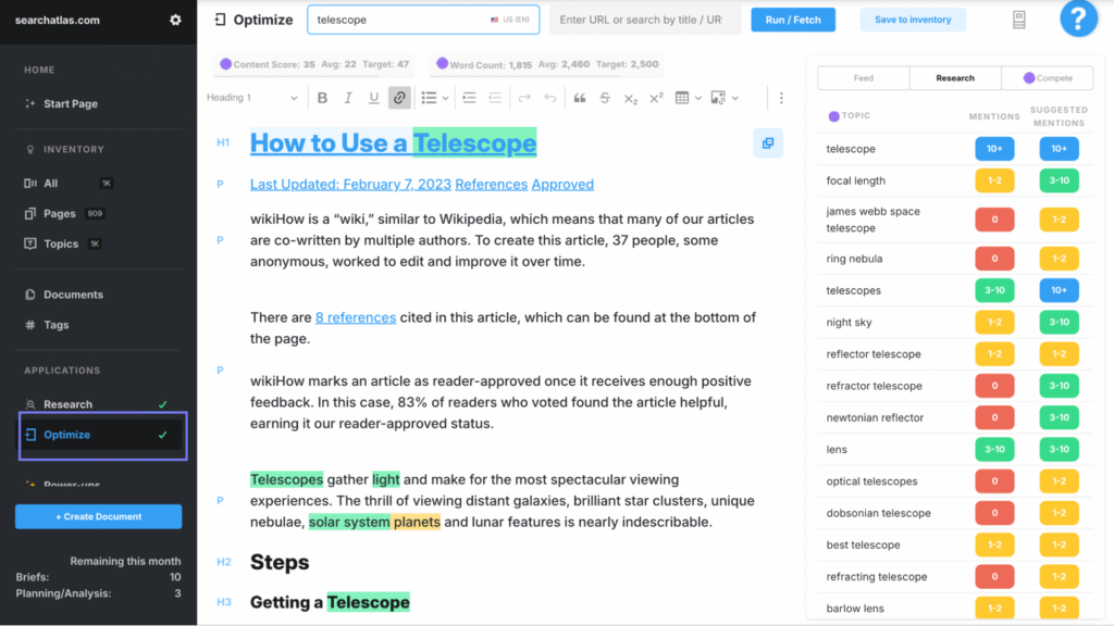 the optimize feature in marketmuse
