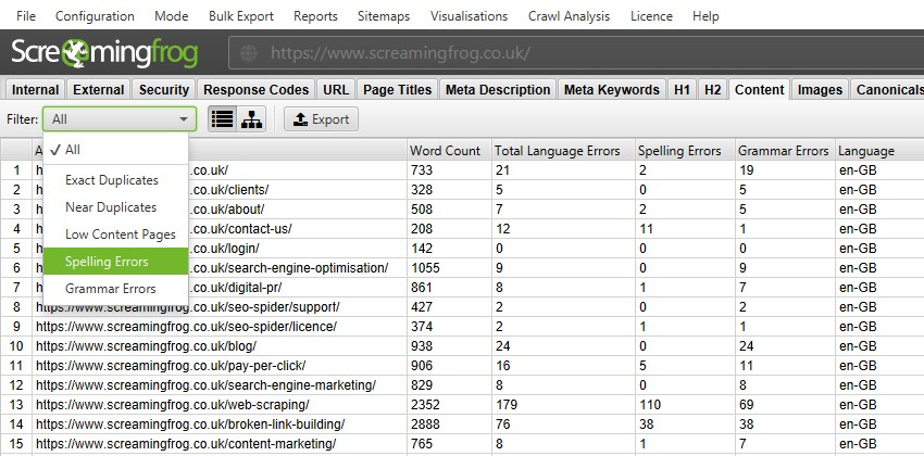 Screaming Frog Spelling and Grammar Checker