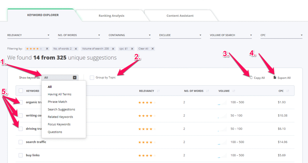 cognitiveseo export keyword lists
