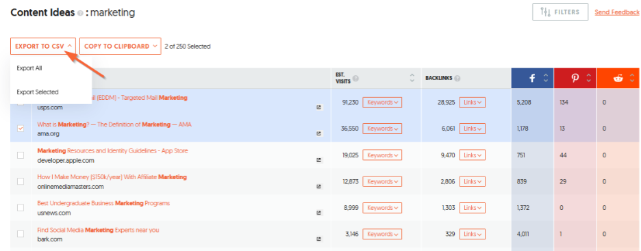 export content ideas ubersuggest