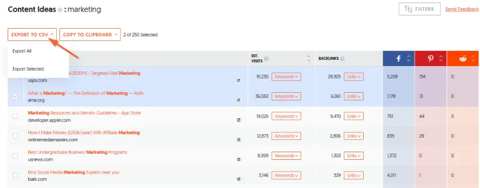 export content ideas ubersuggest