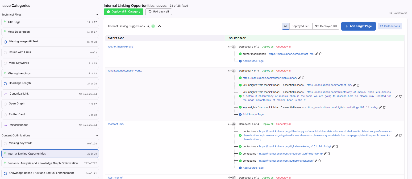 SEO dashboard showing internal linking opportunities with categorized issue list and deployed link suggestions between target and source pages