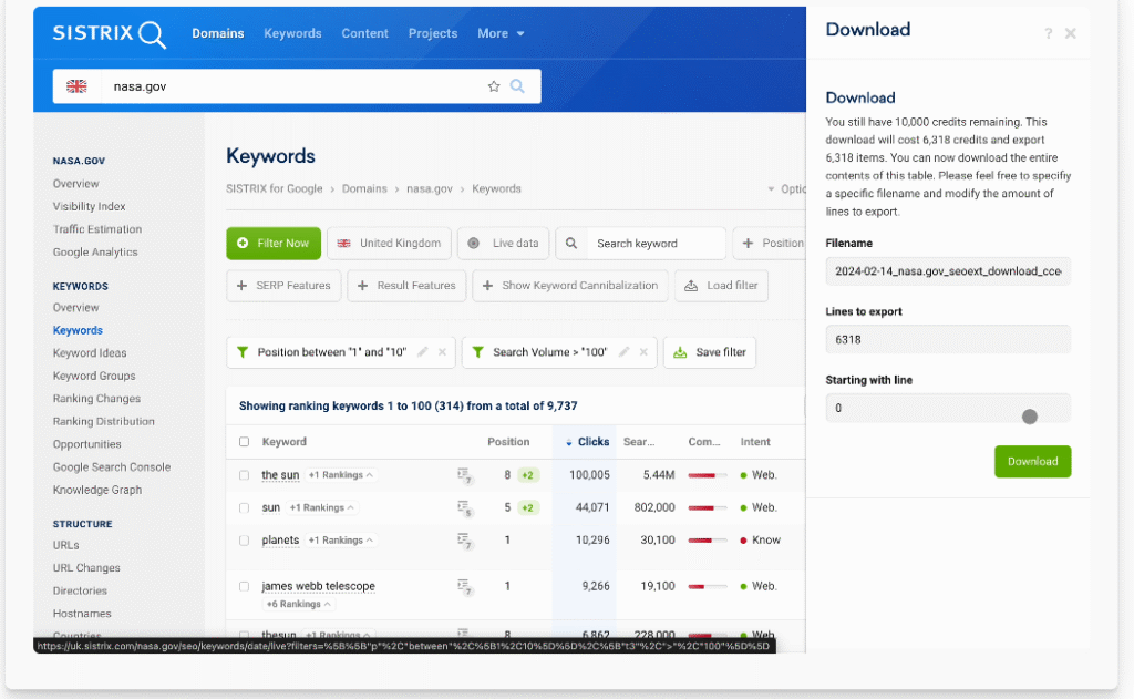 keywords sistrix export