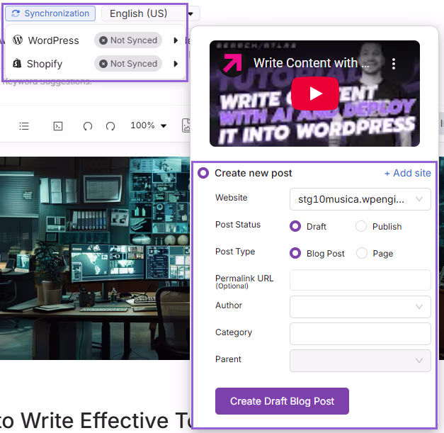 SearchAtlas interface showing one-click publishing options to create and sync draft blog posts directly to WordPress or Shopify with site and post details form