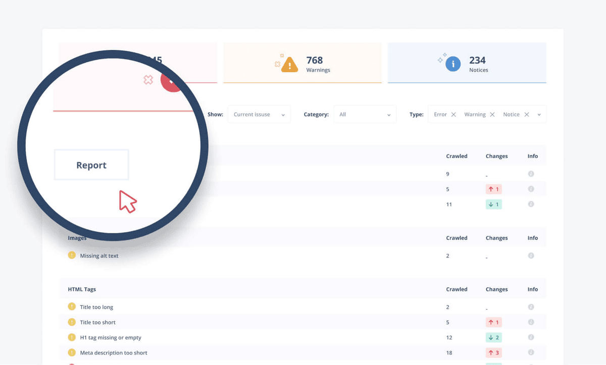 SEO software dashboard showing warnings, notices, and report options.