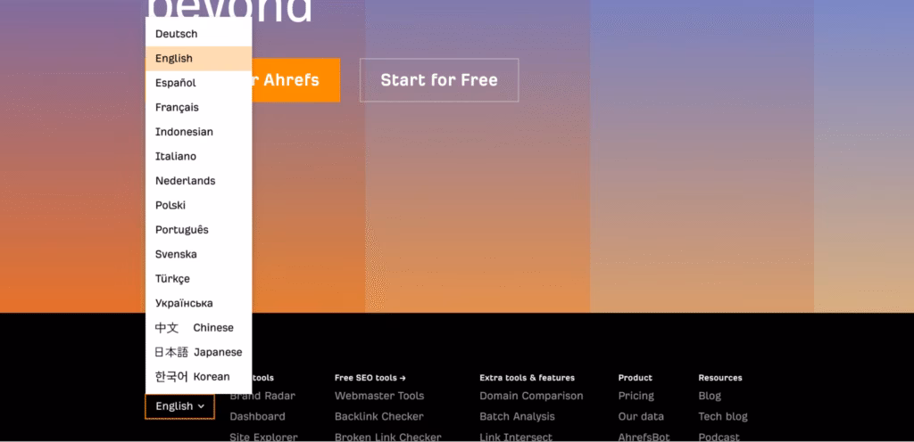 list of languages in ahrefs