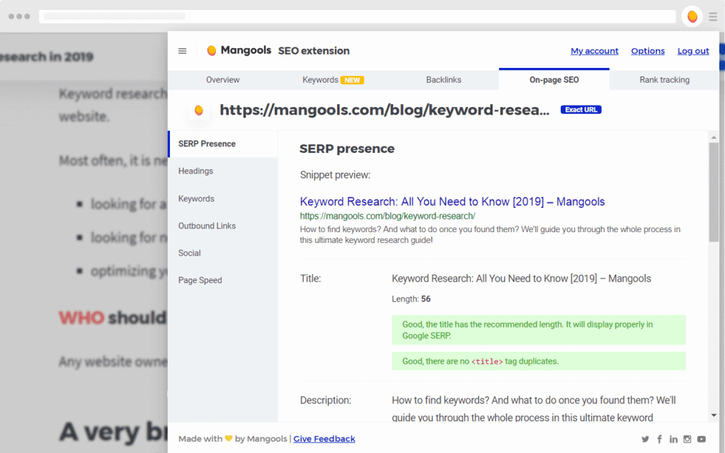 Mangools SEO Extension KW research