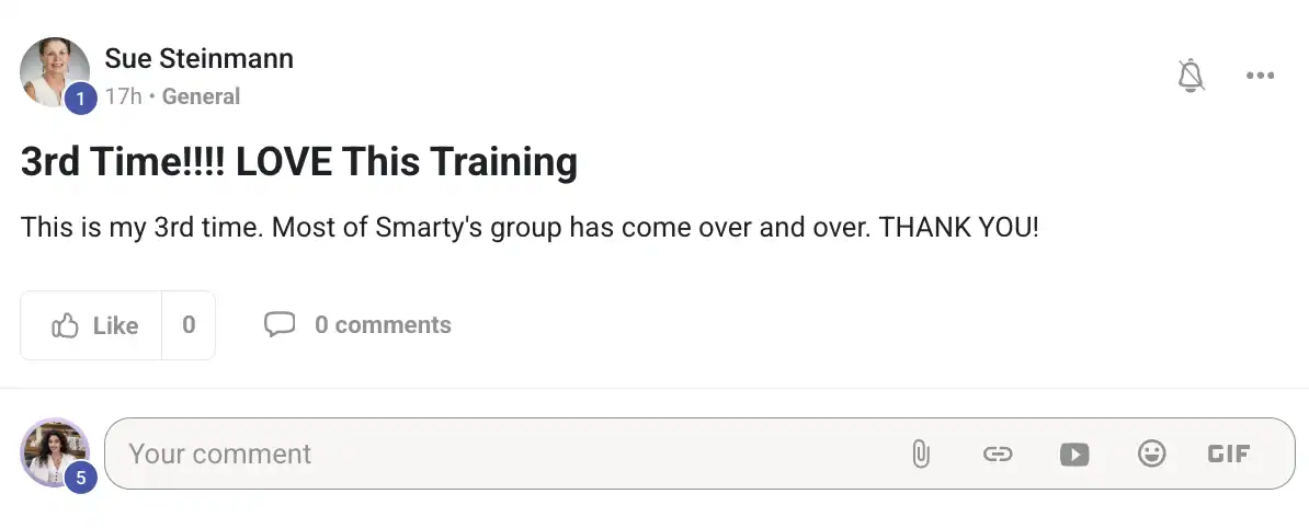 Sue Steinmann testimonial: This is my 3rd time. Most of Smarty's group has come over and over. Thank you!