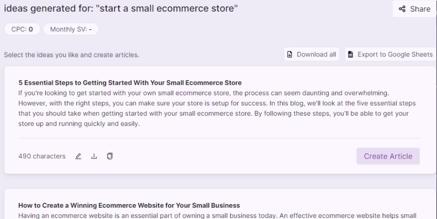 AI content generator suggesting blog post ideas for the topic start a small ecommerce store with options to export or create articles