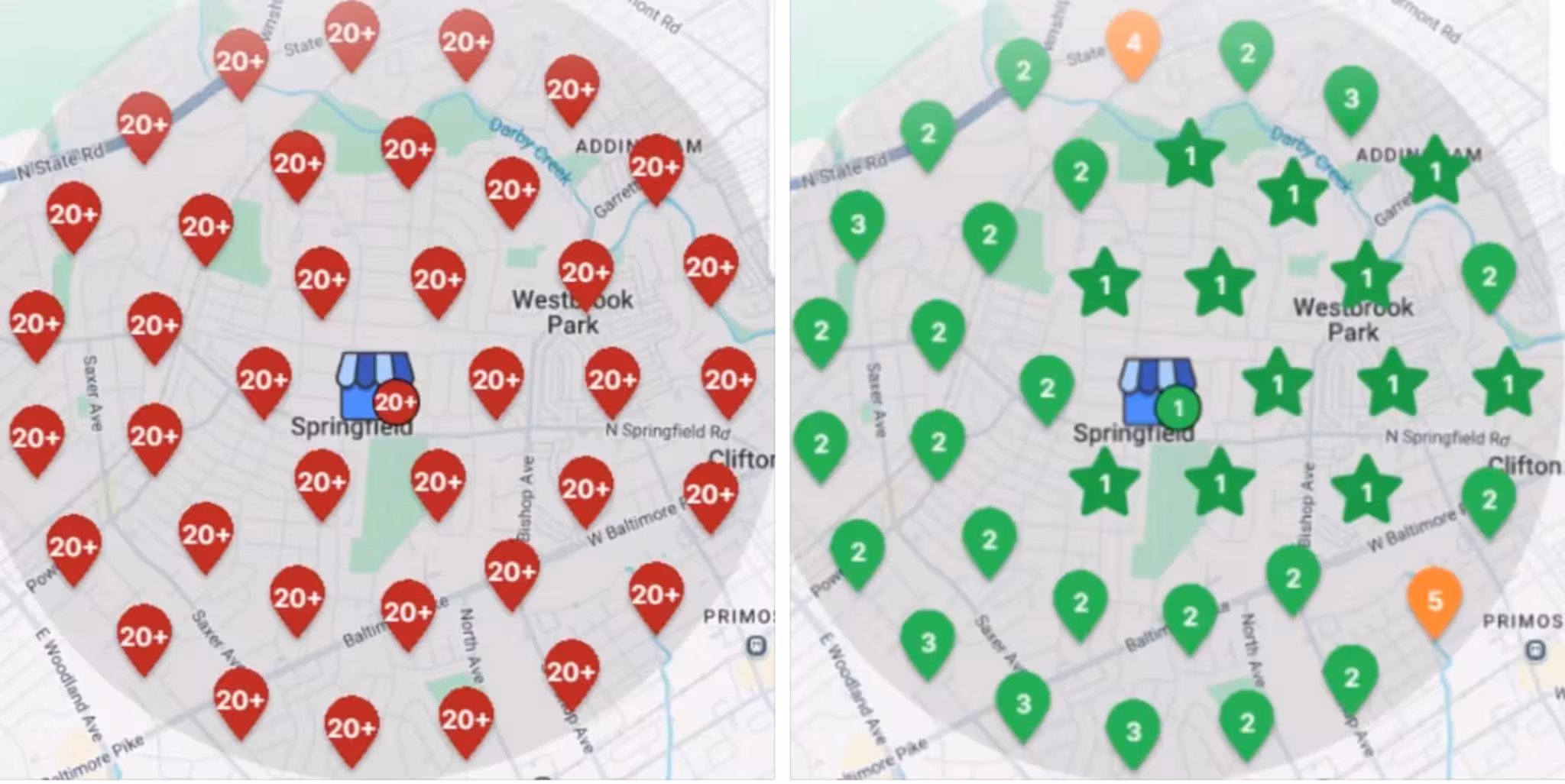 Two maps of Springfield analyze traffic: the left map, reminiscent of Dan Kelly's detailed reports, displays red markers labeled "20+" pinpointing high congestion; the right map offers relief with green markers indicating low congestion levels.