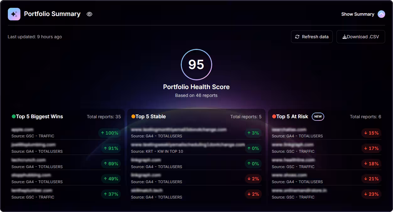 Portfolio summary dashboard showing health score, top 5 biggest wins, stable metrics, and at-risk reports from GA4 and GSC sources