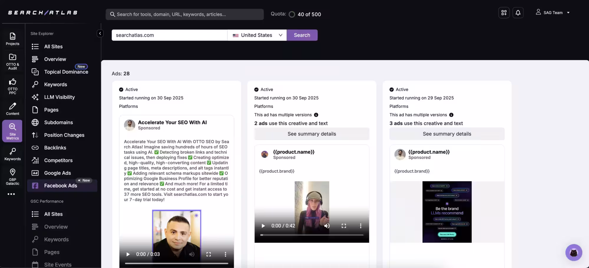 SearchAtlas Facebook Ads dashboard showing active ad campaigns for searchatlas.com, including AI-powered SEO promotion creatives and video ads launched in late September 2025
