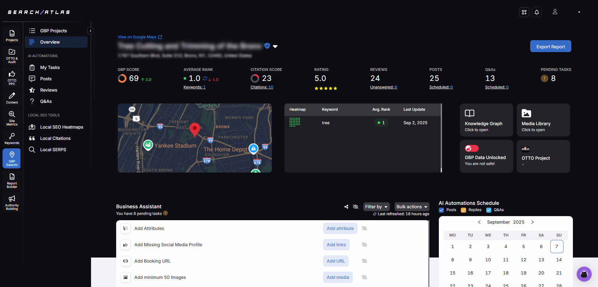 SearchAtlas GBP Overview dashboard displaying business performance metrics including GBP score, average rank, citation score, reviews, and automation tasks with integrated AI tools and map preview