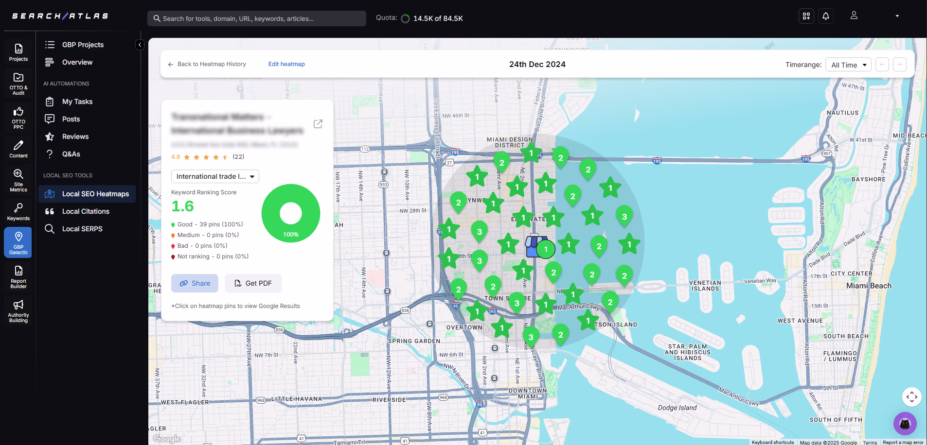 SearchAtlas Local SEO Heatmap view for a law firm in Miami showing keyword ranking distribution and perfect ranking score across mapped locations
