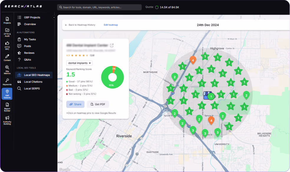 SearchAtlas Local SEO Heatmap showing keyword ranking distribution for a dental clinic in Riverside, visualizing top positions across mapped areas