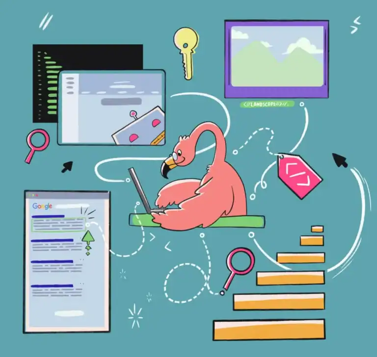 A flamingo is perched on a laptop with HTML tags scattered around.