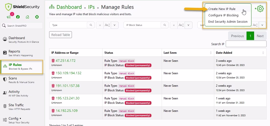 ShieldSecurity WordPress plugin dashboard showing IP rules management page with manually blocked IP addresses and options to create new IP rules or configure blocking