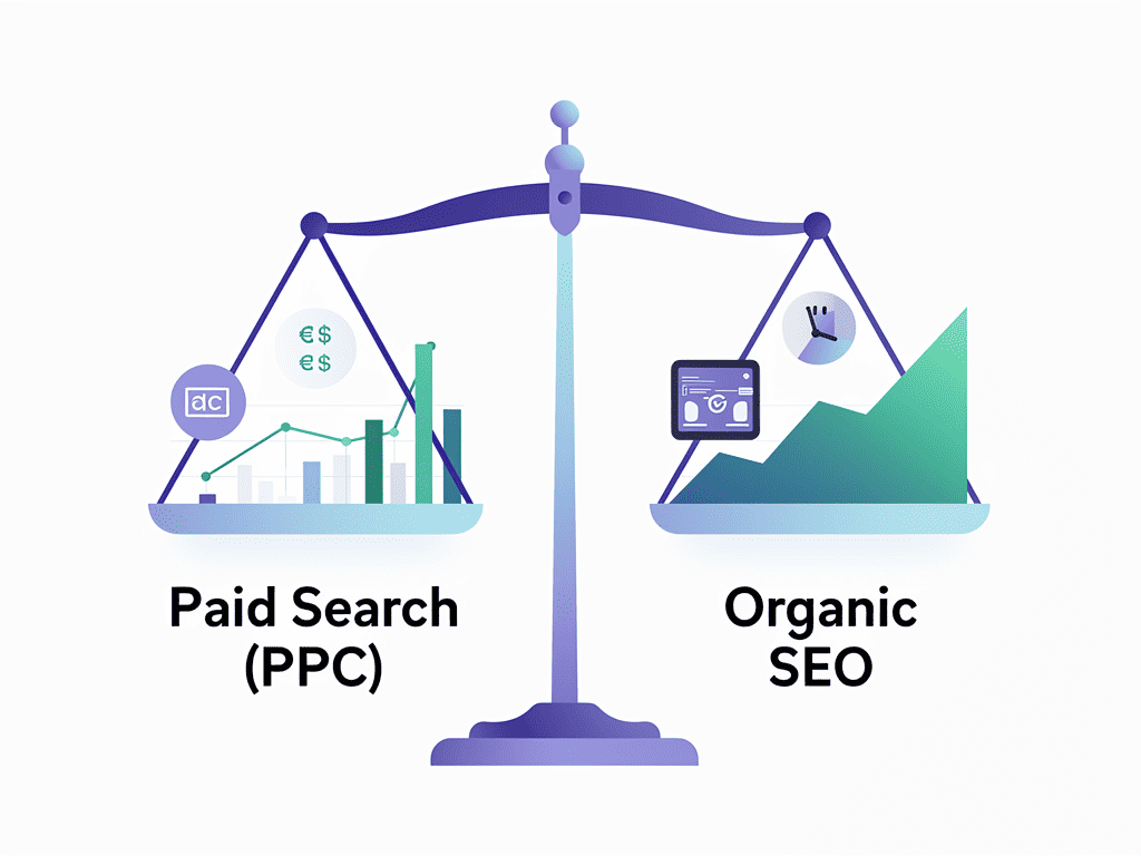 a scale with PPC on one side and organic SEO on the other