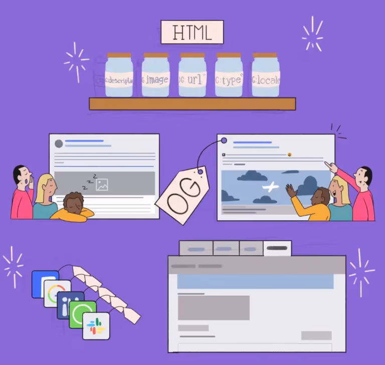 Illustration of people interacting with different web elements symbolized by html tags, highlighting web development concepts.