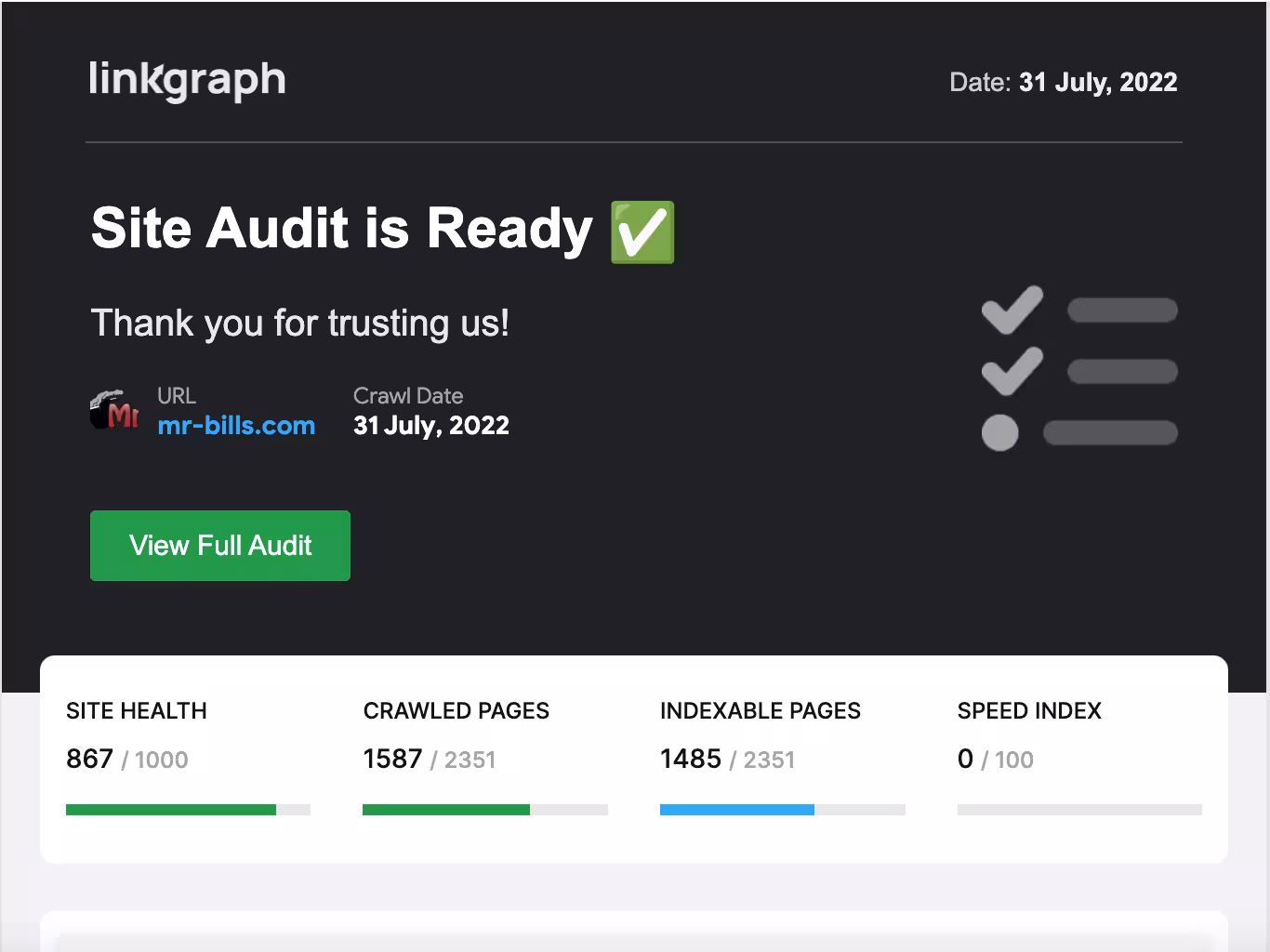 screenshot of searchatlas site auditor email alert