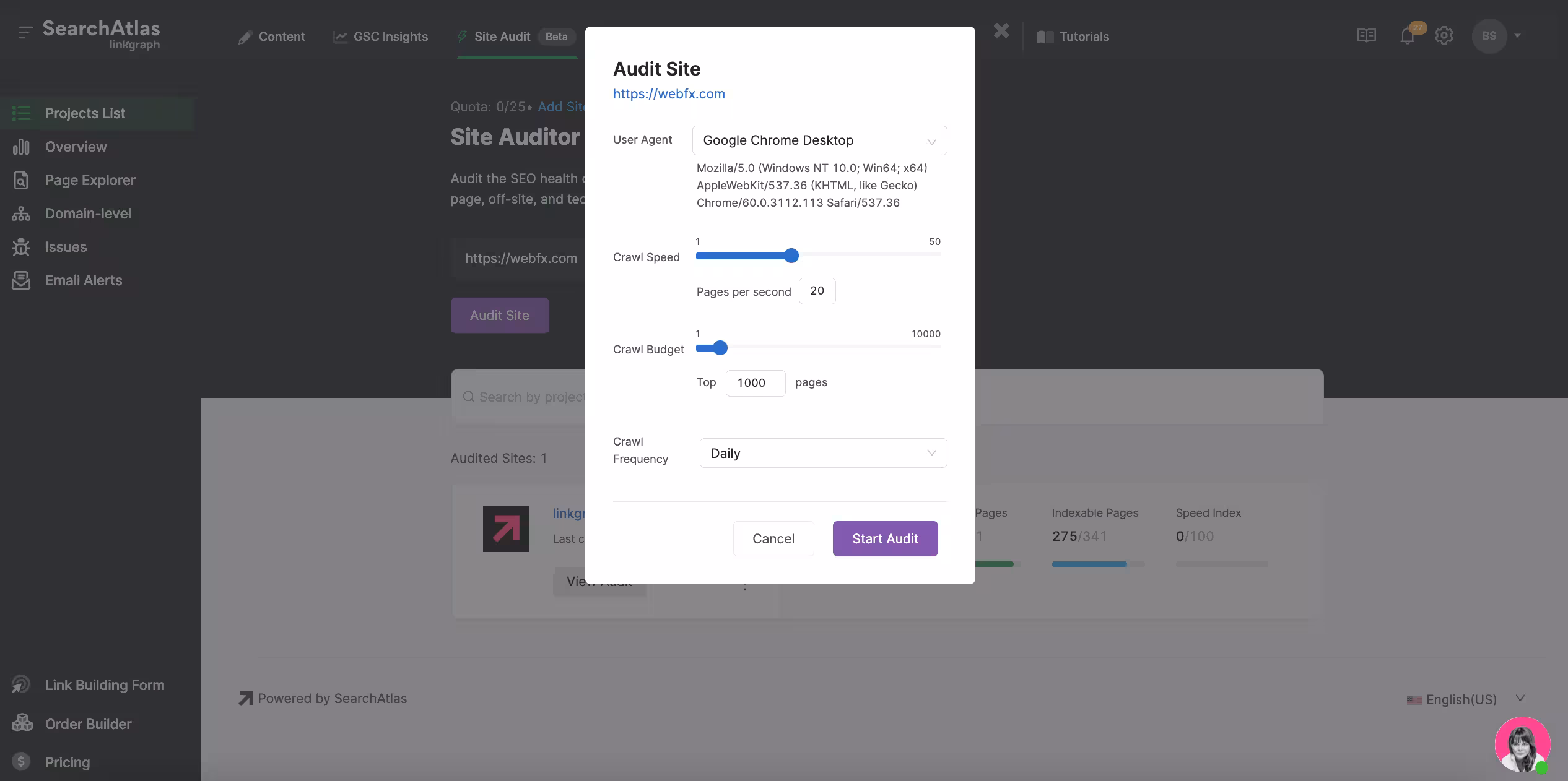 screenshot of searchatlas site auditor