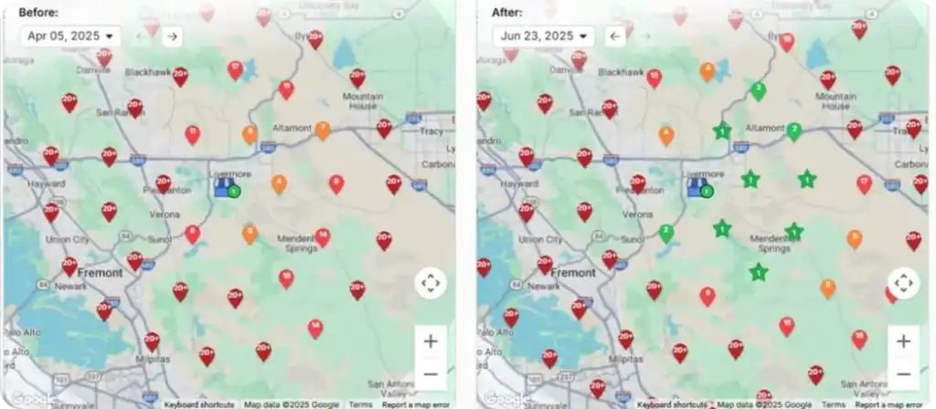 Before-and-after Google Maps comparison showing local business listings connected to OTTO, with fewer highlighted locations in the ‘Before’ view and multiple green star markers appearing in the ‘After’ view, demonstrating improved local visibility and coverage.