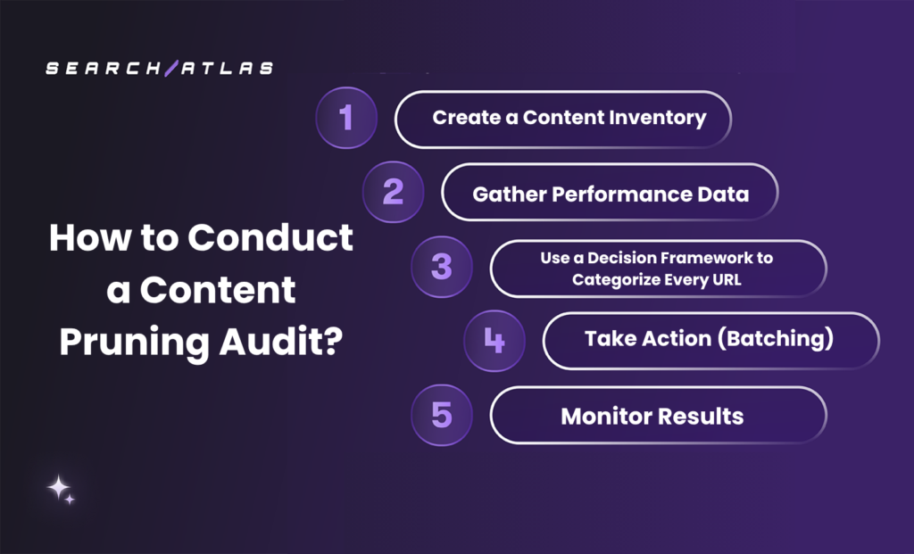 SEO software interface showing steps for content pruning audit process.