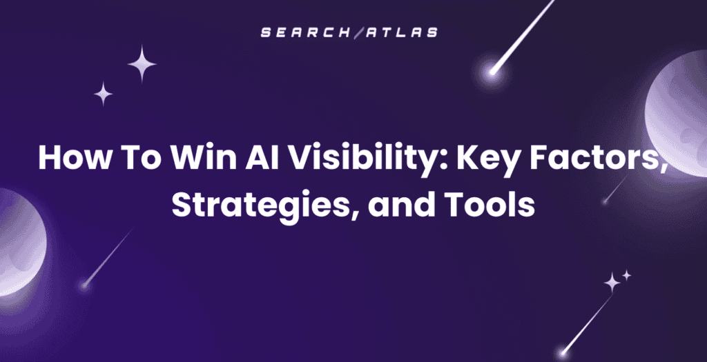 Graphic showing AI visibility strategies with space-themed background and text overlay.