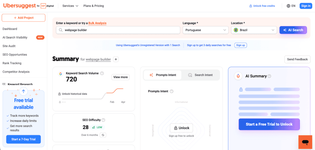 Ubersuggest dashboard