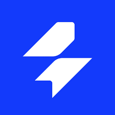 SEO software logo with lightning icon on blue background.