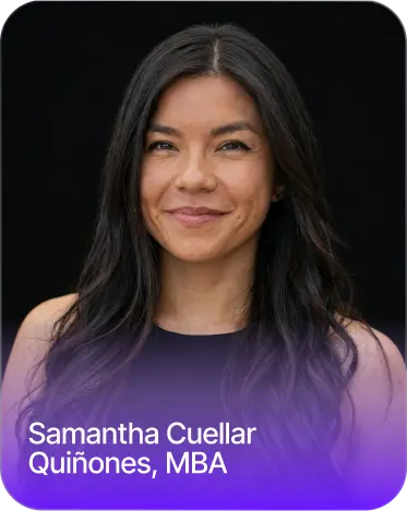 Professional headshot of Samantha Cuellar Quiñones, MBA, for SEO software.