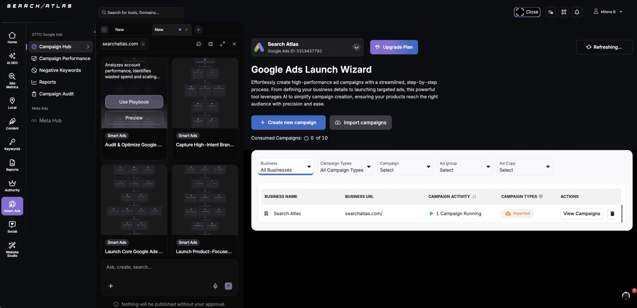 Search Atlas Google Ads launch wizard dashboard showing campaign creation options, campaign list, and performance management interface