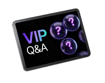 VIP Q&A with question marks on a tablet screen.