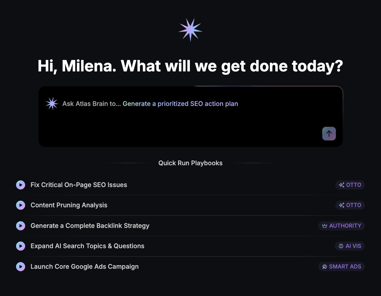 SEO software dashboard showing task list and AI tools for SEO optimization.