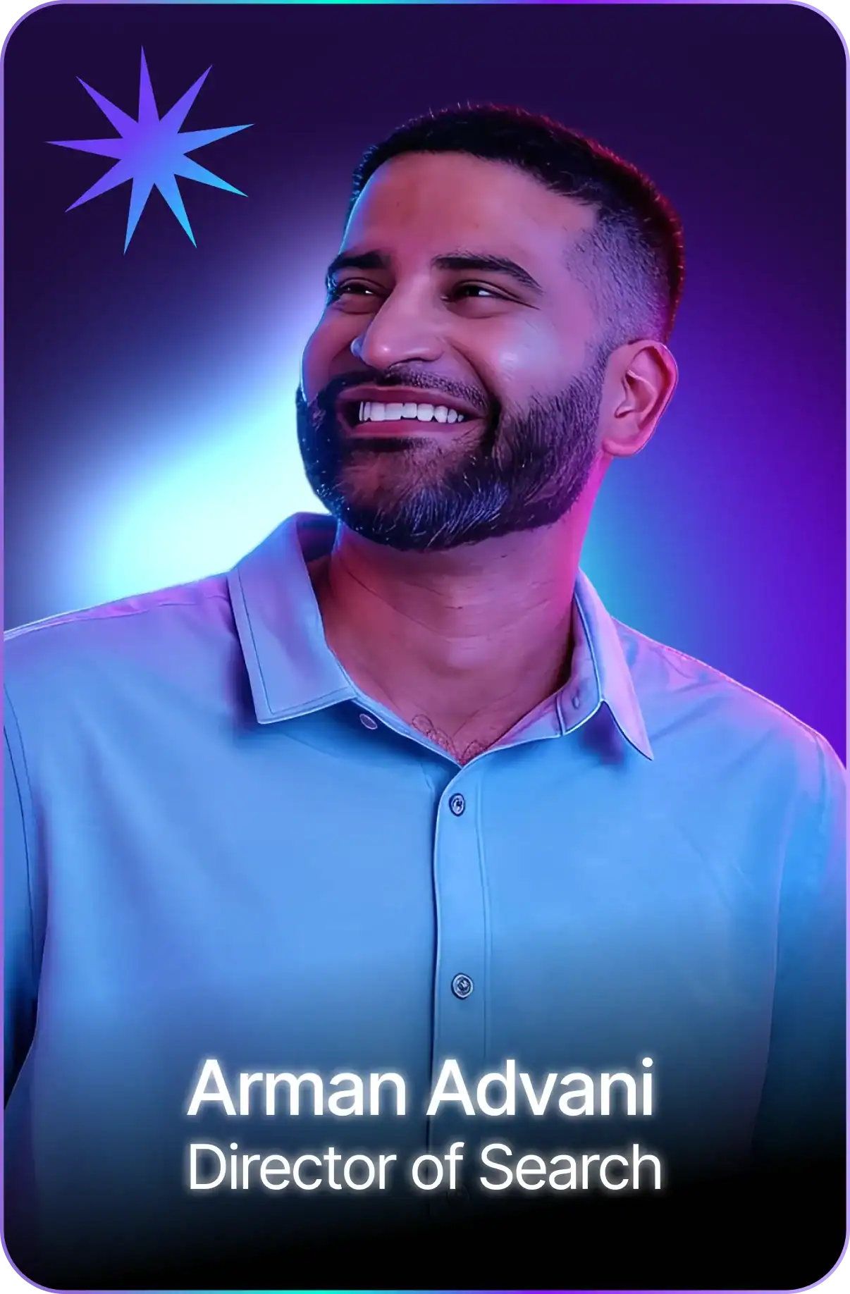 Professional man smiling with colorful background, SEO software expert.
