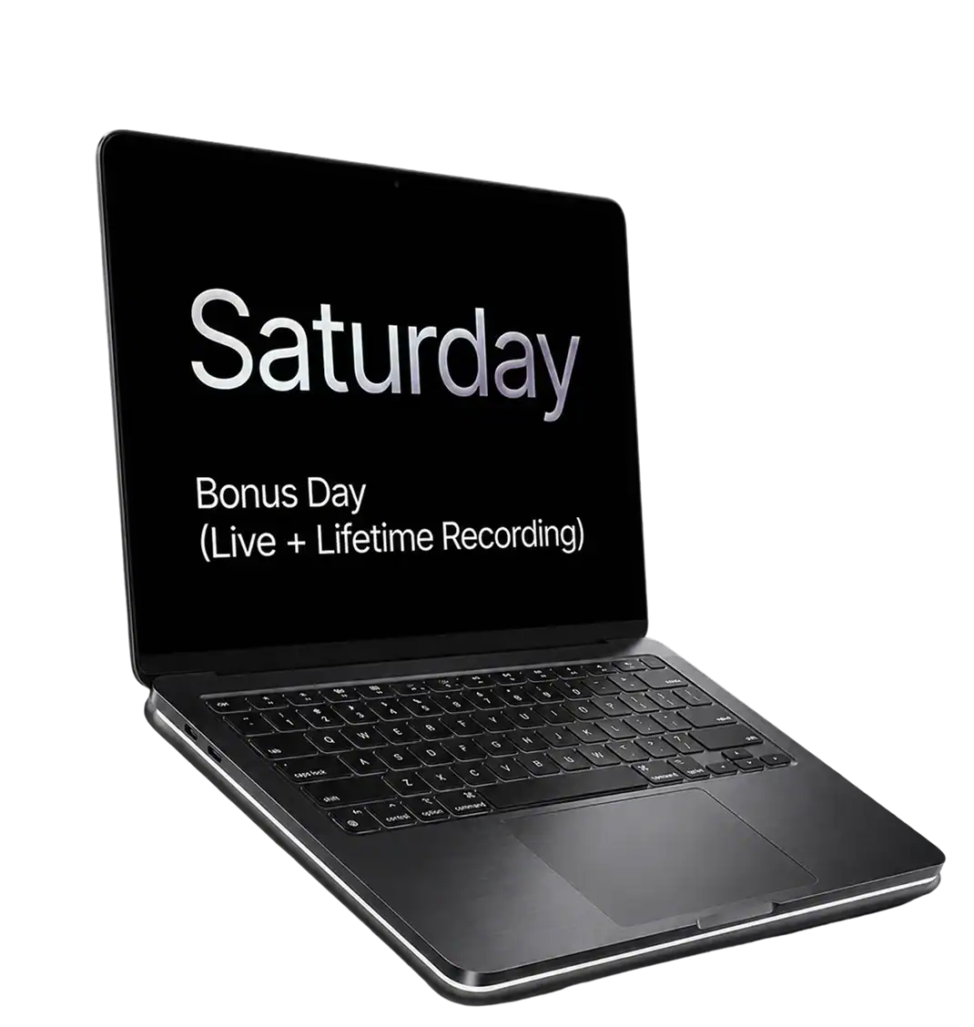 Laptop screen displaying "Saturday Bonus Day" promotion for live and lifetime recording.