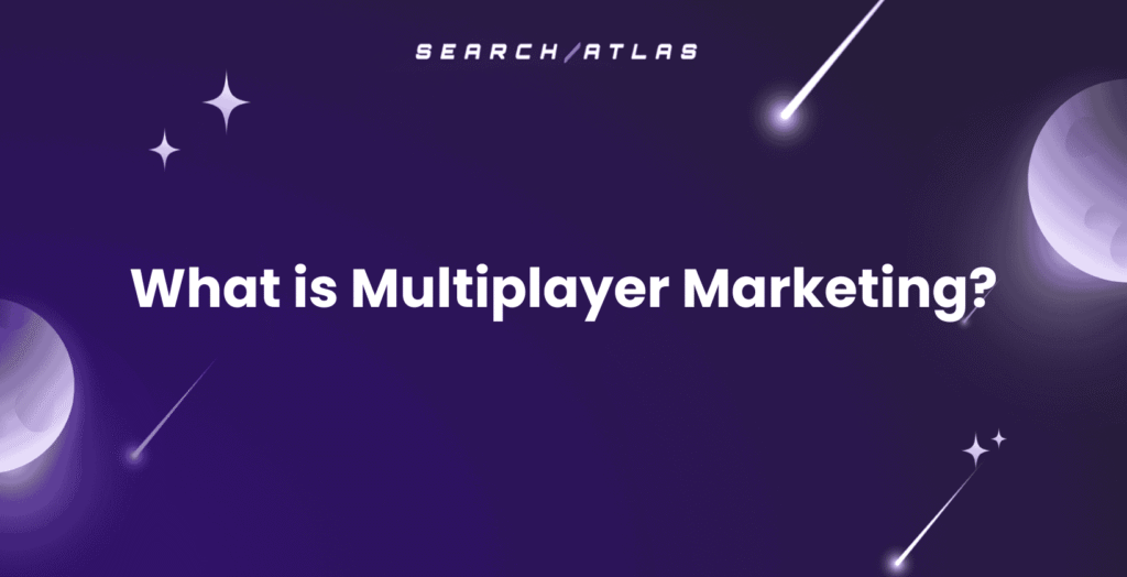 Search Atlas SEO software interface with multiplayer marketing concept and keywords.