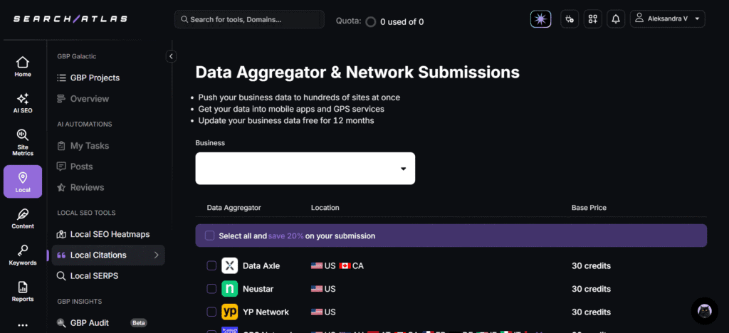 SEO software dashboard for data aggregation, citations, and heatmaps for local marketing.