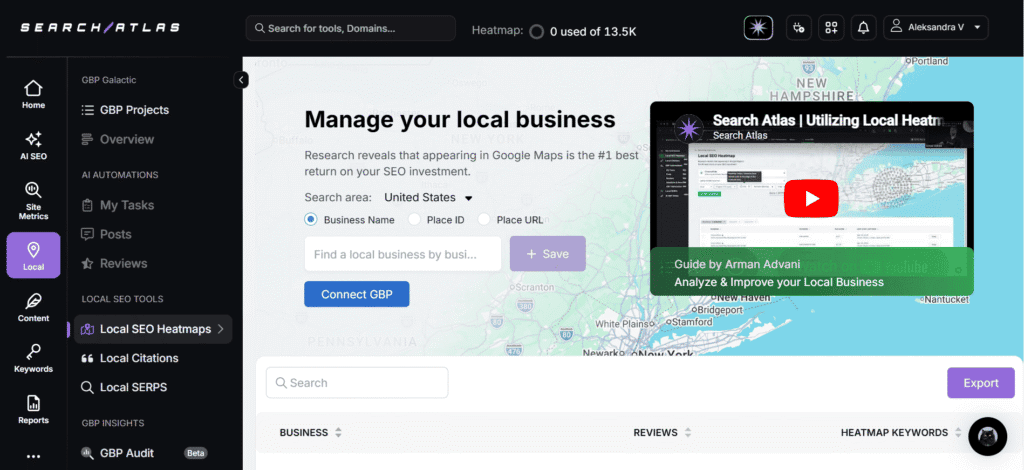Manage your local business with Search Atlas SEO tools and Google Maps integration.